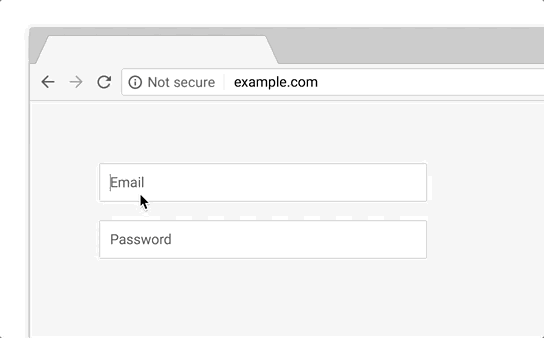 Login form in Chrome browser with 'Not Secure' label changing from grey to red as text is typed