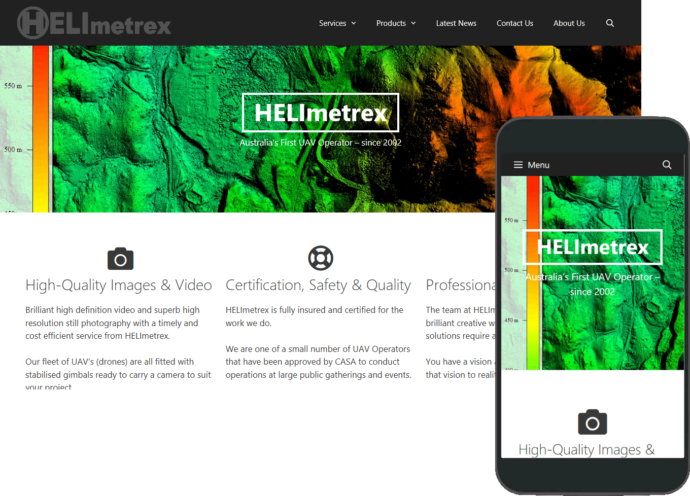 HELImetrex porfolio image, full web page and mobile view