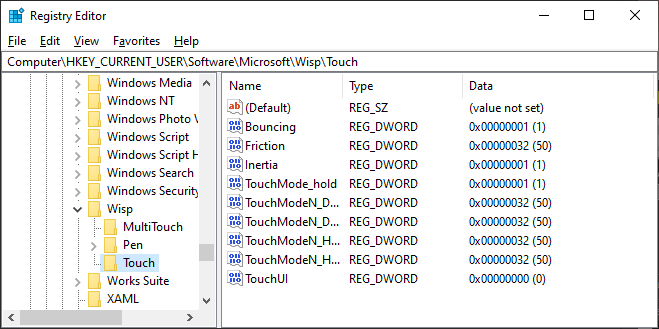Expand HKEY_CURRENT_USER\SOFTWARE\Microsoft\Wisp\Touch folder in the Registry Editor