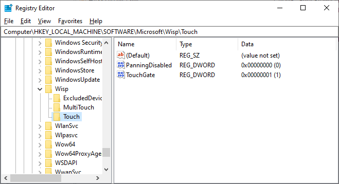 Expand HKEY_LOCAL_MACHINE\SOFTWARE\Microsoft\Wisp\Touch folder in the Registry Editor
