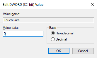 Registry Editor Edit DWORD (32-bit) Value for TouchGate